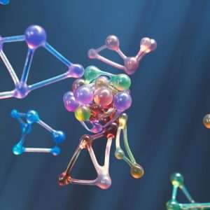 Colorful abstract representation of molecular structures with 3D spheres and connections.