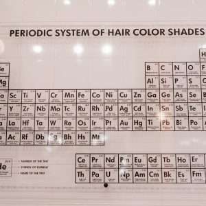 Artistic display of hair color shades arranged like a periodic table in a salon.